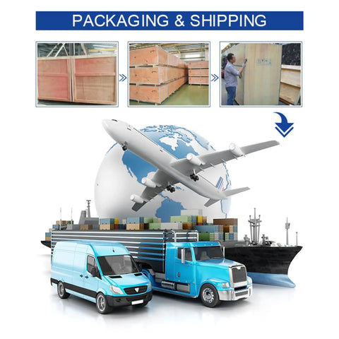 Global packaging and shipping logistics with airplane, cargo ship, vans, and crates.