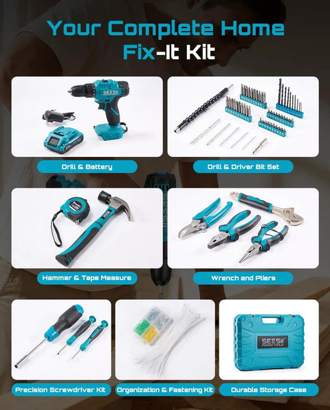 21V Cordless Drill Tool Kit With 190 Piece Power Tool Set Pro Grade Includes Hammer Pliers Wrenches And Toolbox Electric Drill Driver