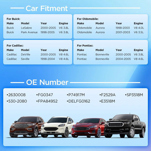 Chart showing car fitment details and OE numbers for Plug And Play Electric Fuel Pump Module Assembly Direct Fit Replacement.