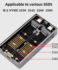 Slick Aluminum M.2 NVMe SSD RAID Enclosure visible connectors and slots for various SSD sizes 2230, 2242, 2260, 2280.