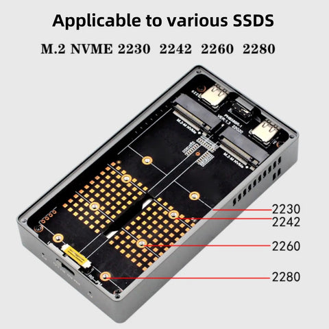 Slick Aluminum M.2 NVMe SSD RAID Enclosure visible connectors and slots for various SSD sizes 2230, 2242, 2260, 2280.