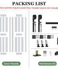 30 By 84 Inch White Bifold Barn Doors With Slick Hardware Kit For Smooth Interior Closet Glides packing list with panels and hardware.