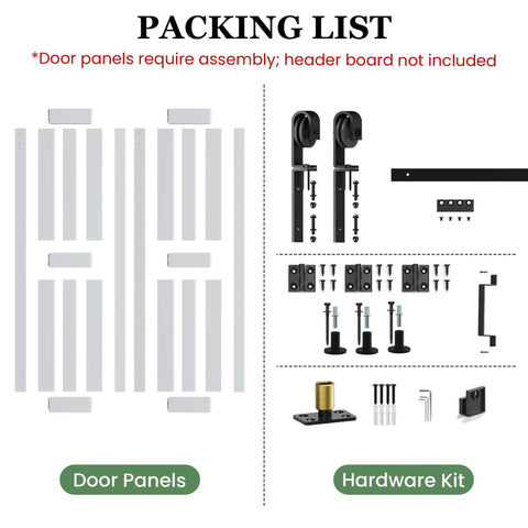 30 By 84 Inch White Bifold Barn Doors With Slick Hardware Kit For Smooth Interior Closet Glides packing list with panels and hardware.