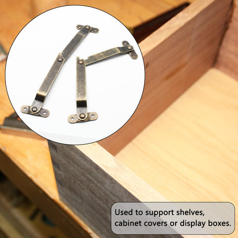 Heavy Duty Antique Brass Lid Support Hinge Pair With Pro Level Mounting Hardware For Retractable Cabinet Doors and Furniture Makeover, showing hinges supporting a wooden box.