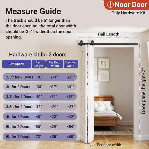 Image showing installation guide and dimensions for Two Door Bi Folding Sliding Barn Door Hardware Kit 42 Inch Black Track.