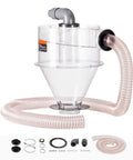 Top Shelf Cyclone Dust Separator With Slick Clear Lid And 4 Inch Adapter For Shop Vacuums Fits 5 To 10 Gallon Tanks, clear design with flexible hose and attachments.