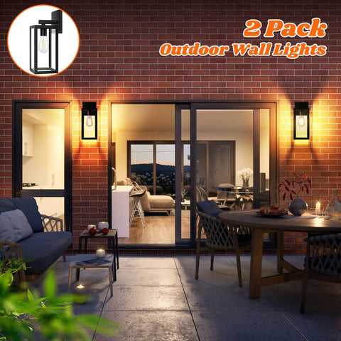 Built Tough 2 Pack Waterproof Outdoor Wall Lanterns, Rust Resistant Black Sconces With Shatterproof Clear Glass mounted on brick wall.