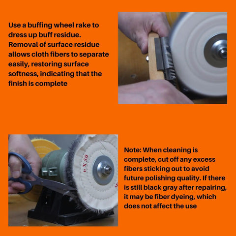 Hands using a buffing wheel rake on a 6 inch cotton buffing wheel kit for bench grinders and polishers.