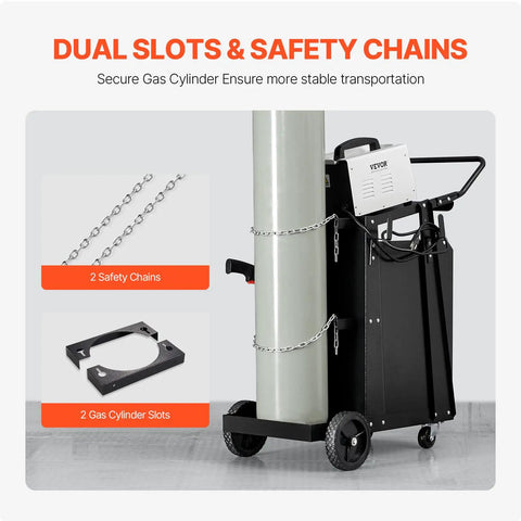 Heavy Duty Welding Cart With 2 Drawers Lockable Cabinet 350 Lbs Capacity 360 Degree Swivel Wheels Tank Storage Safety Chains For MIG TIG Welder And Plasma Cutter showcasing tank and safety chains.