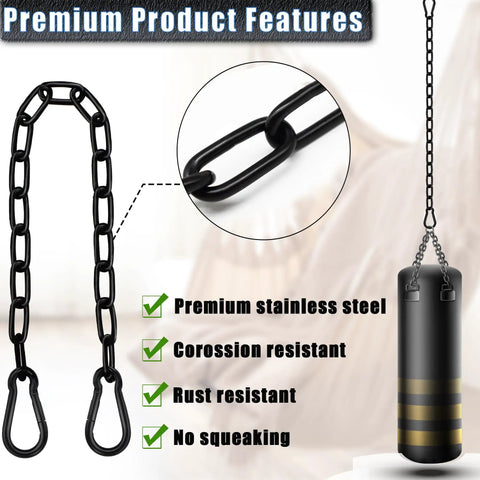 Two Pack Hanging Swing Chain With Four Carabiners 25In Heavy Duty Hammock Hardware Kit 660Lb Capacity For Hanging Chairs Punching Bags Indoor Outdoor Gym Black features steel chain and punching bag shown for strength demonstration.