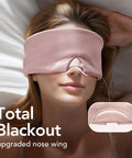 Woman wearing 100 Percent Mulberry Silk Sleep Mask For Women Adjustable Comfort Side Sleeper Friendly Full Blackout Eye Cover For All Night Sleep Travel Office Or Naps Pink