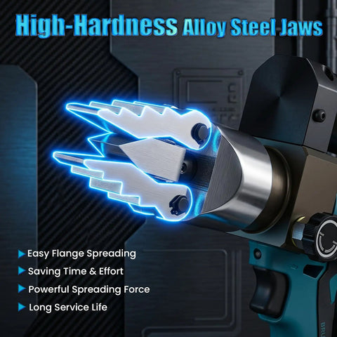 Close-up of Cordless Hydraulic Flange Spreader Tool 8T 18V Battery Powered with alloy steel jaws highlighted.