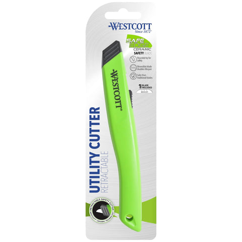 Westcott lime-green ceramic safety box cutter with retractable blade on its packaging.