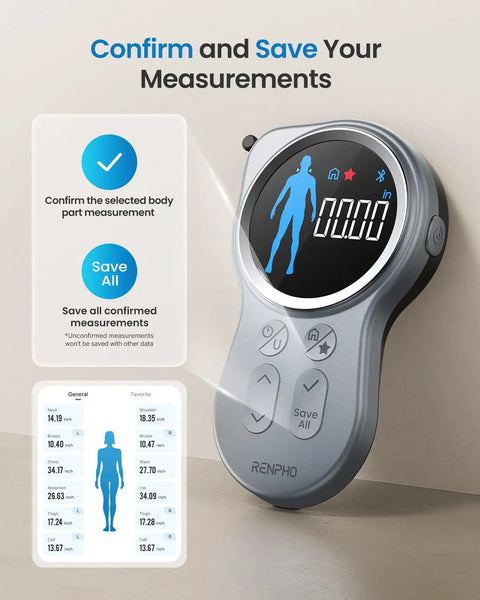 Big Display Bluetooth Smart Tape Measure For Fitness And Weight Loss showing save options, app connected body measuring tool.
