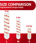 Command indoor replacement strips in three sizes (L, M, S) with white adhesive; 3M Command brand; holds 5/3/0.5 lb.