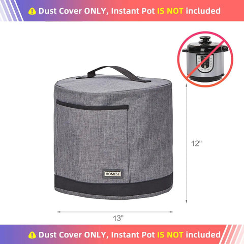 Dust Cover With Pockets For Instant Pot 6 Quart Insulated Pressure Cooker Case With Wipe Clean Lining Grey, shown upright, 12x13 inches.