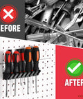 Go To Pegboard Screwdriver Holder And Tool Organizer For Garage Shop Walls, showing organized vs. messy screwdriver storage.