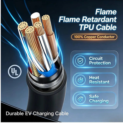 Portable Level 2 EV Charger 50 Amp 240 Volt Nema 1450 Plug With 25 Foot Cable shows durable flame retardant TPU cable with copper conductors.