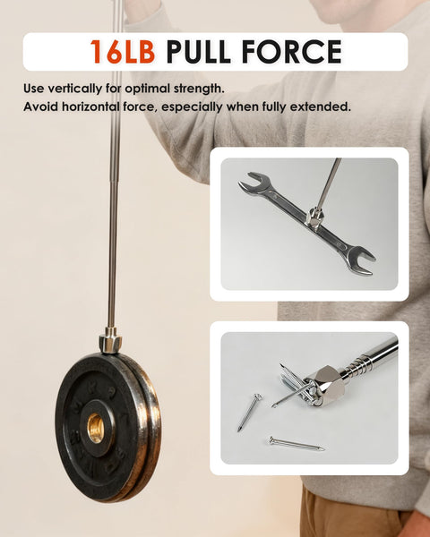 Telescoping And Extendable Magnetic Pickup Tool With 32 Inch Reach And 16 Lb Neodymium Magnet lifting a weight plate and wrench