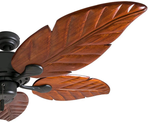 52 Inch Tropical Indoor Ceiling Fan With No Light And Pull Chain Three Mounting Options Hand Carved Wooden Leaf Blades In Bronze Finish