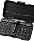 Heavy Duty 24 Piece Magnetic Ratchet Screwdriver Kit With S2 Steel Bits And Durable Aluminum Grip For No Sweat DIY Repairs And Quick Gear Adjustments On The Go in an open black case.