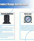 Instructions for using the One Quarter Inch NPT Air Filter Regulator Combo Piggyback with gauge and pressure adjustment tips.