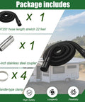 Package contents of Macerator RV Sewer Hose Kit For Thetford SaniCon Turbo 400S 500S 600S 700S with hose, coupler, clamps