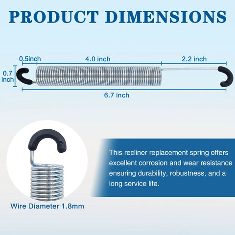 Four Piece 7 Inch Extension Springs For Power Recliner Lift Chair Couch Quick Swap Replacement With Heavy Duty Steel Coils And Precise Hook To Hook Sizing Built Tough For Smooth Glide Performance All Day Long showing dimensions and wire details.