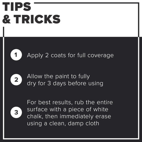 Tips and tricks for using Chalkboard Paint For Walls In Black 1 Quart, focusing on coat application and drying instructions.