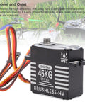 Hardcore Brushless Servo Featuring Heavy Duty Metal Gears And Aluminum Body 45Kg Torque No Sweat Performance Compact Fit For Rc Cars Trucks And Off Road Rigs close-up of digital servo with wiring.