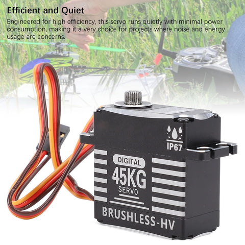 Hardcore Brushless Servo Featuring Heavy Duty Metal Gears And Aluminum Body 45Kg Torque No Sweat Performance Compact Fit For Rc Cars Trucks And Off Road Rigs close-up of digital servo with wiring.