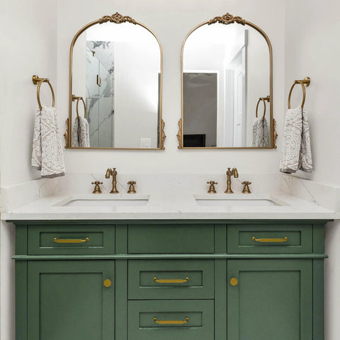 Bathroom vanity with Ten Pack Antique Brass Cabinet Pulls With Three And Three Quarters Inch Hole Centers For Cabinets Drawers Dressers.