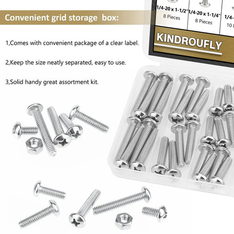 58 Piece Stainless Steel 1/4-20 Phillips Pan Head Machine Screws And Matching Hex Nuts Set With 1/2 Inch, 3/4 Inch, 1 Inch, 1-1/4 Inch, 1-1/2 Inch Lengths Fully Threaded 304 Grade For DIY Projects And Home Repairs in grid storage box