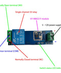 Front view of Bluetooth Proximity Switch Module 5-12V For E-Bike, Door Lock, And Home Automation with labeled terminals and LED