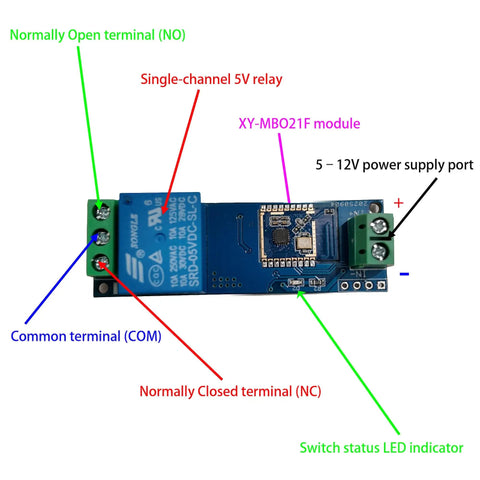 Front view of Bluetooth Proximity Switch Module 5-12V For E-Bike, Door Lock, And Home Automation with labeled terminals and LED