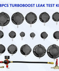 ZKTOOL 18-piece turbo leak test kit, black plastic adapters with metal fittings and hose, front view