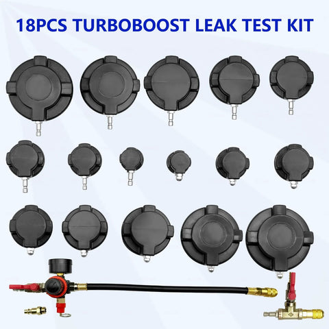 ZKTOOL 18-piece turbo leak test kit, black plastic adapters with metal fittings and hose, front view