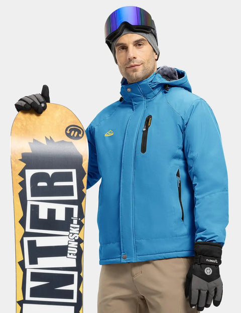 Man wearing Men's Ski Snow Jacket Waterproof Insulated Coat With Fleece Hood Weatherproof Winter Mountain Outerwear For Outdoors Blue Large