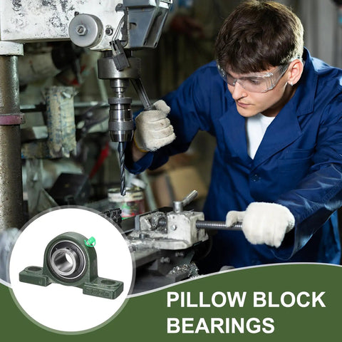 Engineer using a drill press with a Self Aligning Pillow Block Bearing With One And One Eighth Inch Bore, Solid Cast Iron Base.