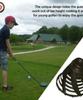 Young boy using Pro Speed Version Golf Tees For Indoor Golf And Simulator Use, Ultra Durable Plastic One And A Quarter Inch Height, Size Five, Two Tees Per Pack, Designed For Flex, Endurance, And Consistent Teeing On Winter Practice, in a golf course with visible golf tee and ball.
