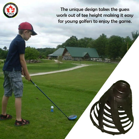 Young boy using Pro Speed Version Golf Tees For Indoor Golf And Simulator Use, Ultra Durable Plastic One And A Quarter Inch Height, Size Five, Two Tees Per Pack, Designed For Flex, Endurance, And Consistent Teeing On Winter Practice, in a golf course with visible golf tee and ball.