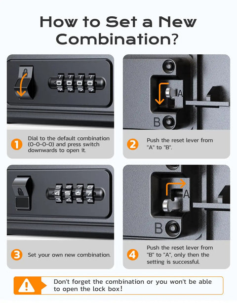 Instructions for setting new combo on Portable Travel Safe Lock Box With 4 Digit Combo Waterproof Durable Security Case.