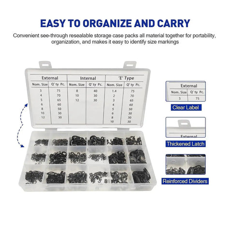 Pro Grade Spring Steel Retaining Rings Kit With 18 Sizes E And C Clips Black Phosphated Anti Rust For Fast Swaps In Shaft Holes And Easy Reassembly In Industrial Electronics Repair, organized case