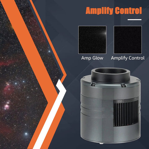 605MC Telescope Camera With IMX533 Sensor, cooled monochrome CMOS beside comparison of amp glow and amplify control