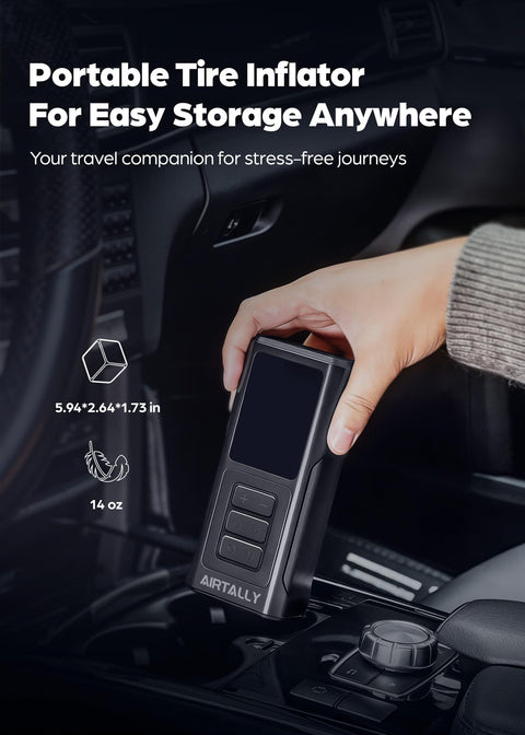 Portable Tire Inflator Air Compressor With 5200mAh Battery And 150 PSI Quick Inflate for easy storage in car console