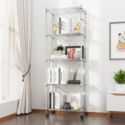 Five-Tier Heavy Duty Wire Shelving Rack For Garage, Pantry, And Kitchen With Adjustable Metal Shelves And Side Hooks, Rust-Resistant Carbon Steel, Silver, 14 Inch Deep By 24 Inch Wide By 71 Inch High