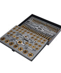 Ultimate 86 Piece Tap Die Set With Hardened Carbide Tools For Automotive Repair And Rethreading Fasteners In Metric And SAE Sizes Plus Storage Box For Pros Who Need Heavy Duty Gear, open case with taps and dies