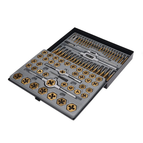 Ultimate 86 Piece Tap Die Set With Hardened Carbide Tools For Automotive Repair And Rethreading Fasteners In Metric And SAE Sizes Plus Storage Box For Pros Who Need Heavy Duty Gear, open case with taps and dies