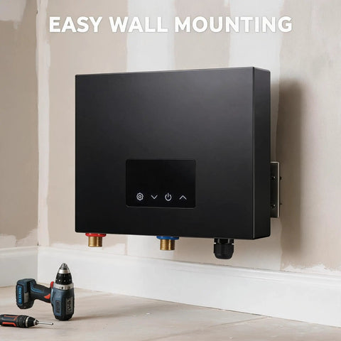 Endless Hot Water On Tap With This Real Deal 14KW Electric Tankless Water Heater For Showers And Sinks Using High Flow Household Heating And Smart Self Modulating Tech With Smooth 240V Setup To Put Waiting In Rearview mounted on wall with control panel and plumbing connections