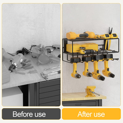 Before and after using Power Tool Organizer Wall Mount Rack For Garage And Workshop, Metal Floating Tool Shelf.